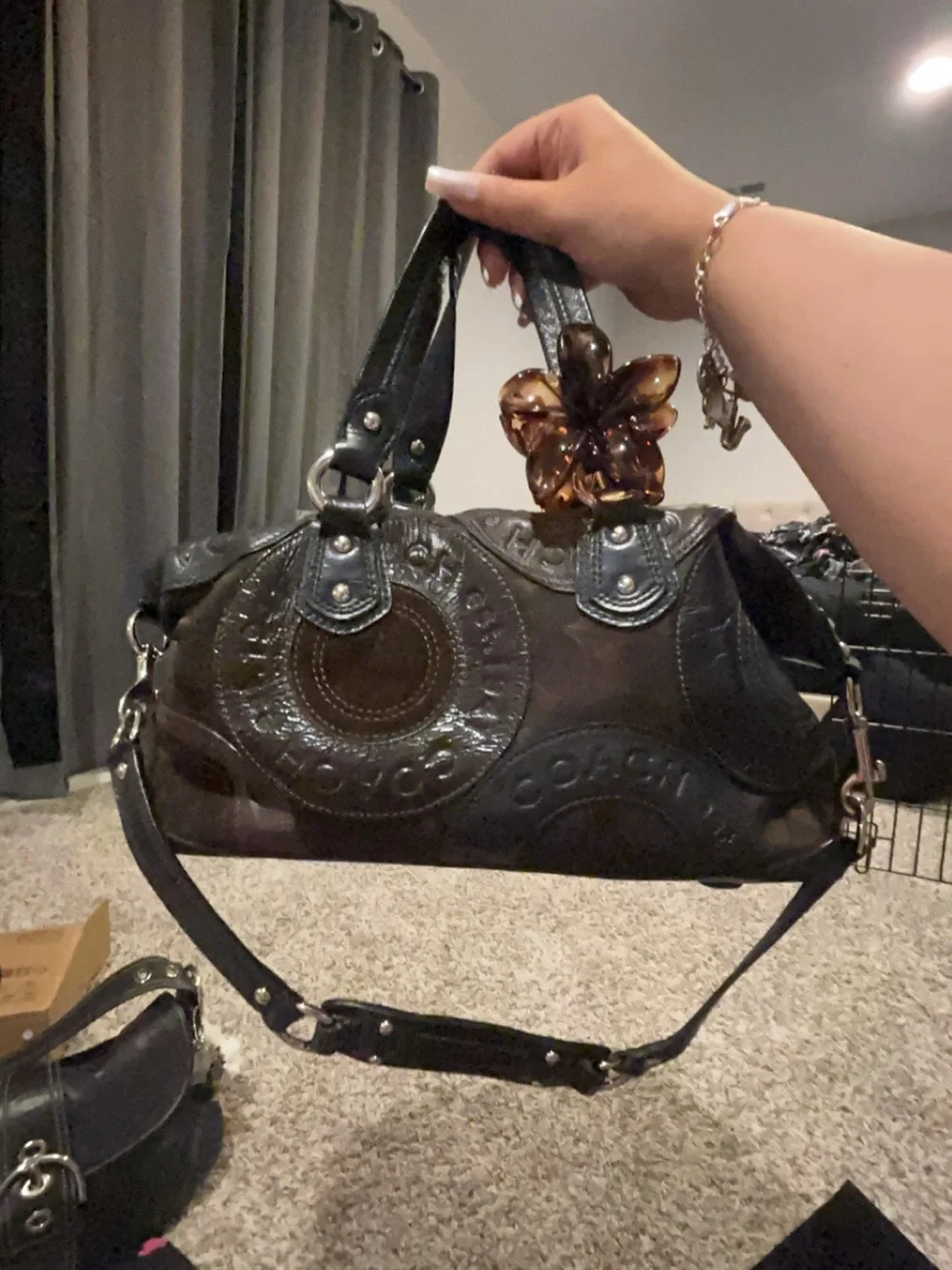 Coach Chocolate Brown Embossed Leather Satchel with Detachable Strap